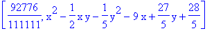 [92776/111111, x^2-1/2*x*y-1/5*y^2-9*x+27/5*y+28/5]
